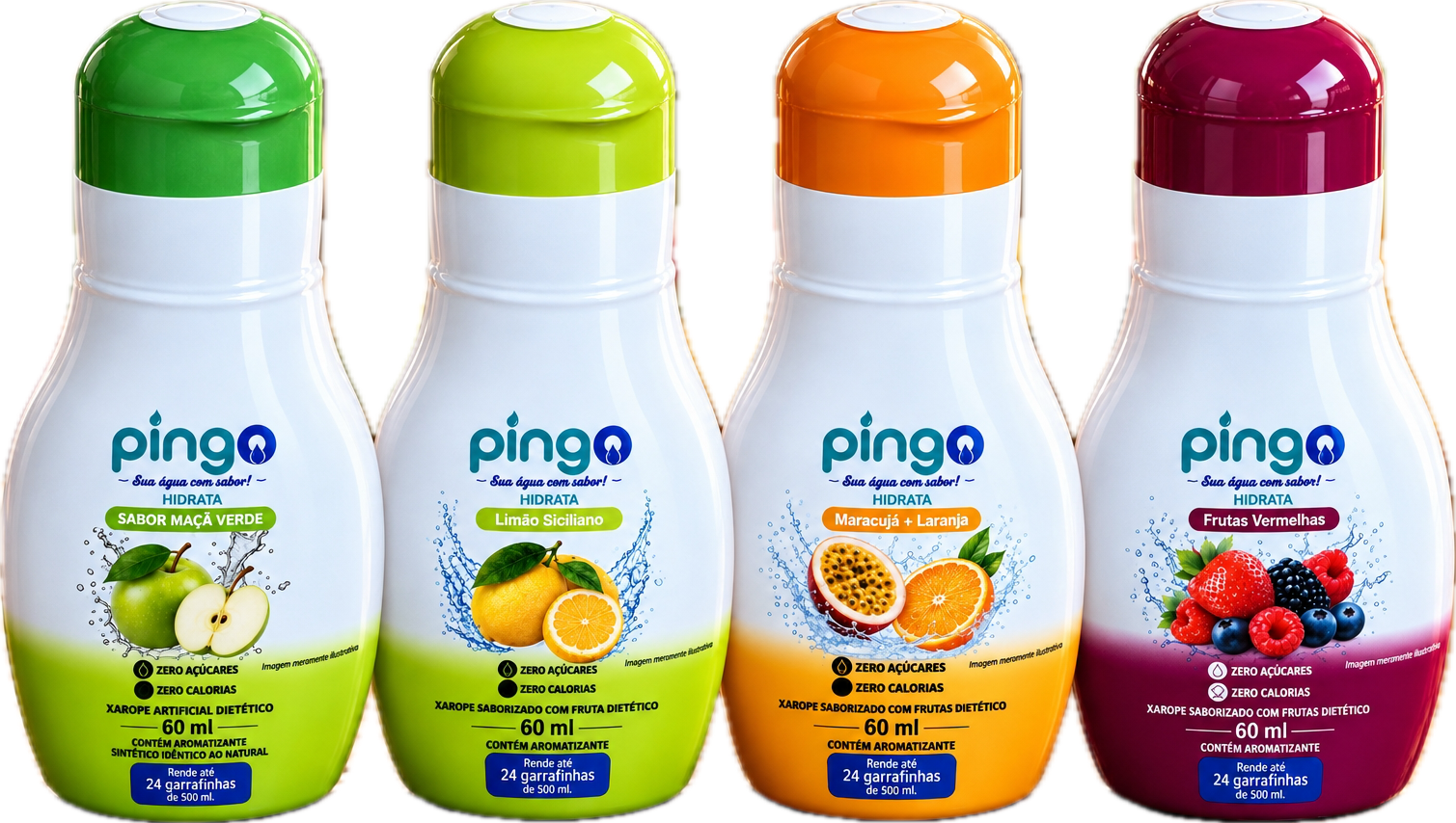 Linha PINGO com quatro sabores: Maracujá + Laranja, Limão Siciliano, Maçã Verde e Frutas Vermelhas
