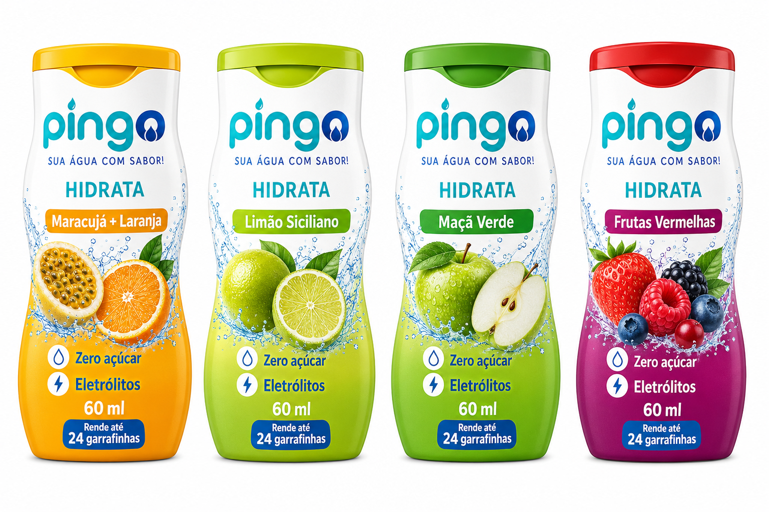 Linha PINGO com quatro sabores: Maracujá + Laranja, Limão Siciliano, Maçã Verde e Frutas Vermelhas